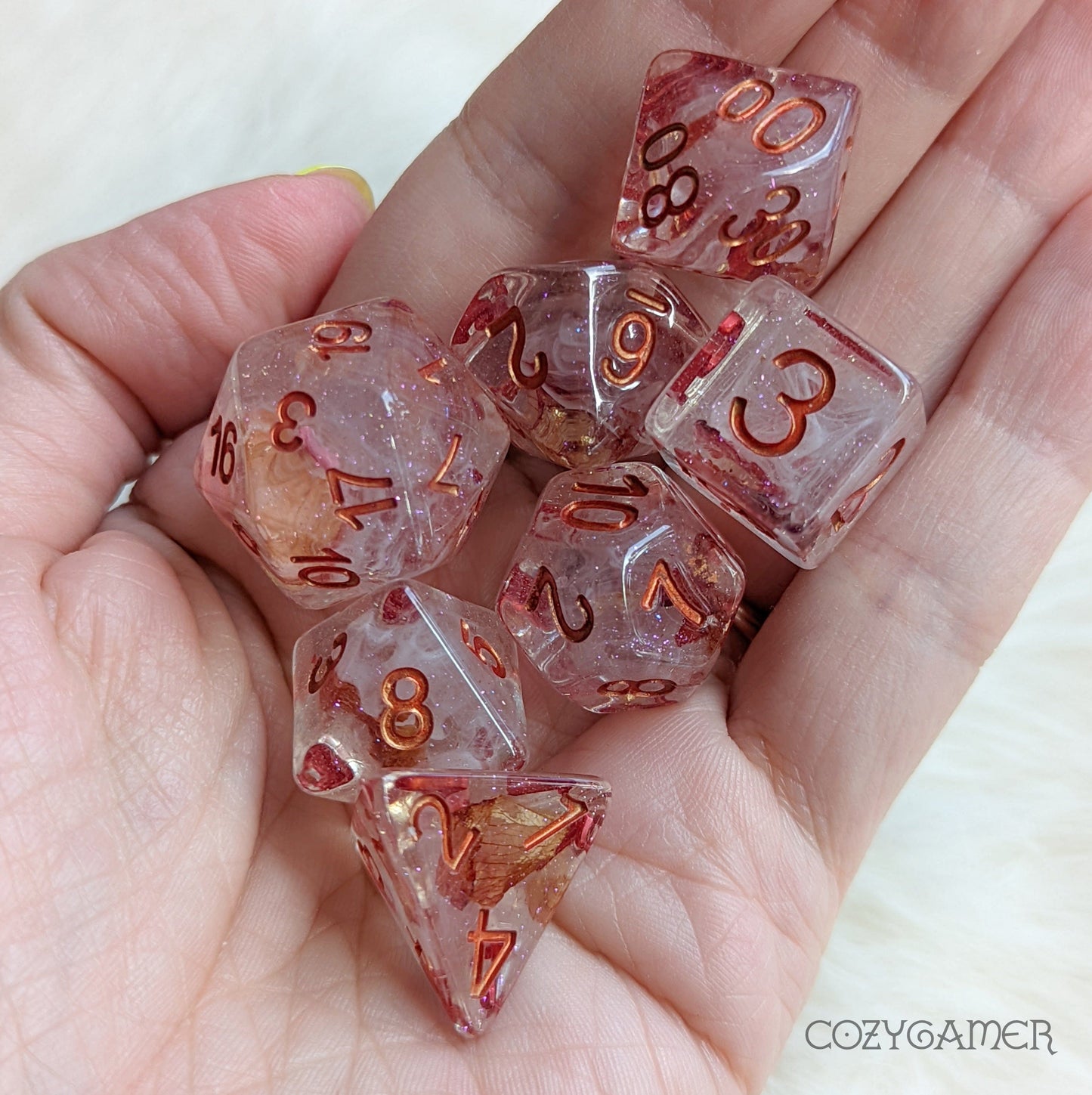 Rose Petal Mist Dice Set. Dried Flower Petals