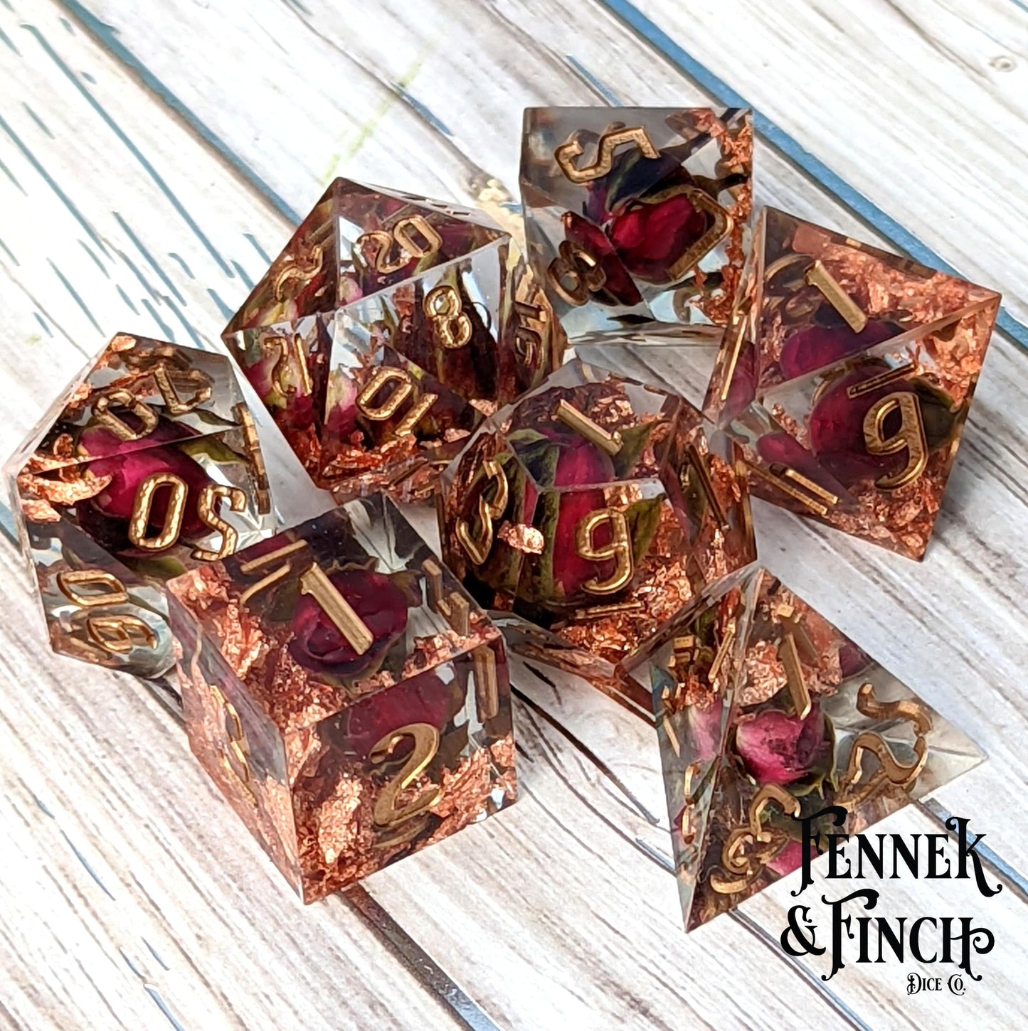Rose Sharp Edge Resin Dice Set. Dice Sets & Games Fennek and Finch