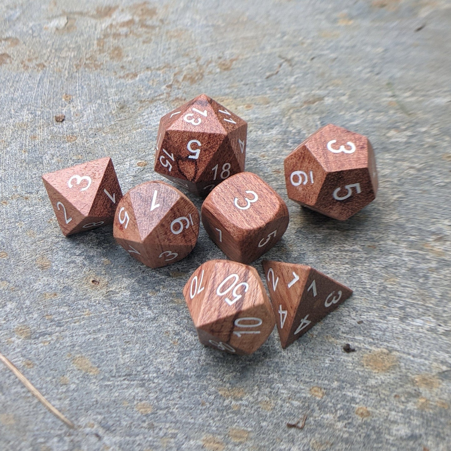 Rose Wood Dice set with White Font - CozyGamer