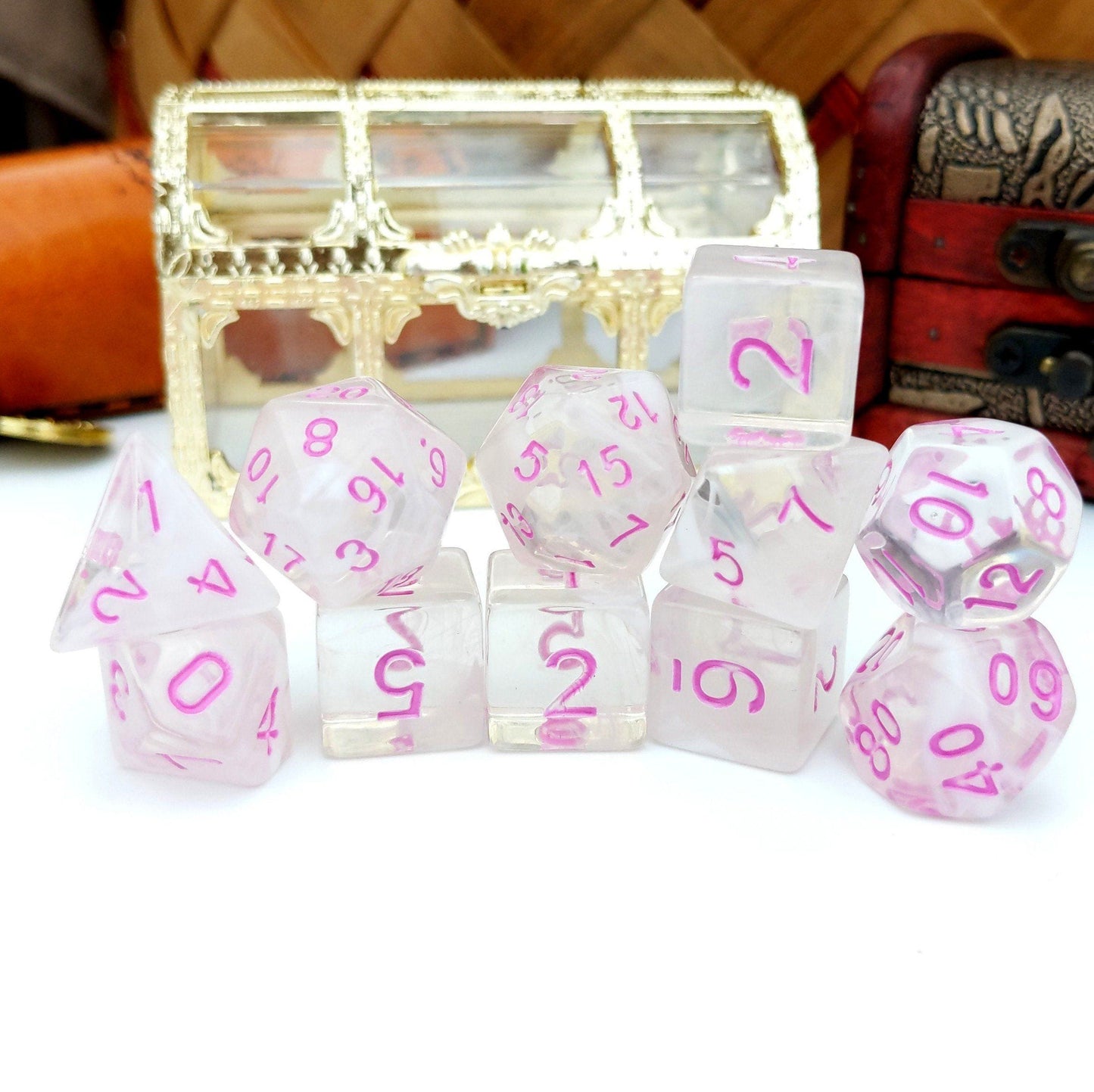 Rosemance 11 Piece Dice Set with acrylic suspended white ink for Dungeons & Dragons including extra D20 and four D6 dice.
