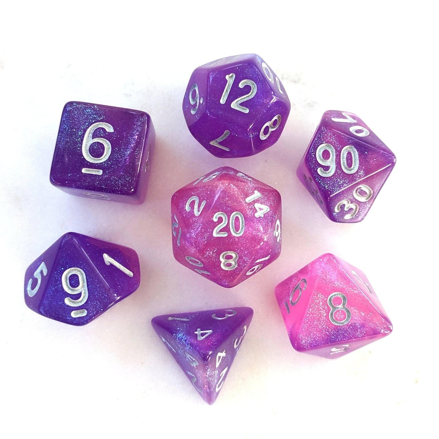 Royal Aurora Dice Set – 7-Piece Pink Purple Semi-Translucent Micro Shimmer DnD Dice sets Fennek and Finch