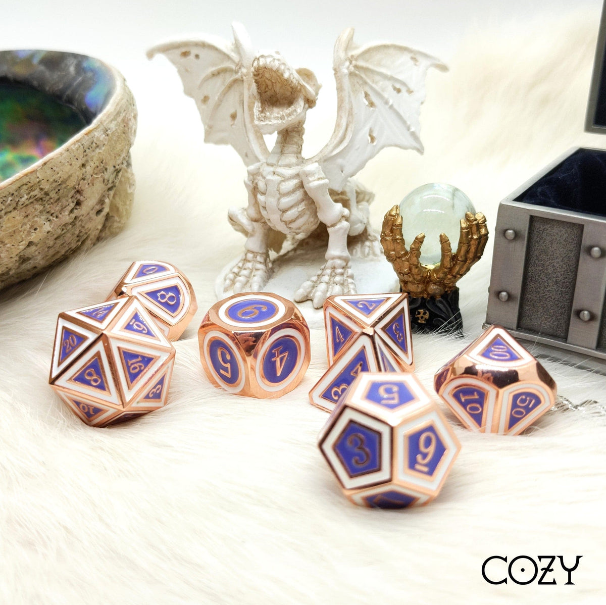 Royal Metal Dice Set. Copper Plated Purple and White Dice Sets & Games Fennek and Finch