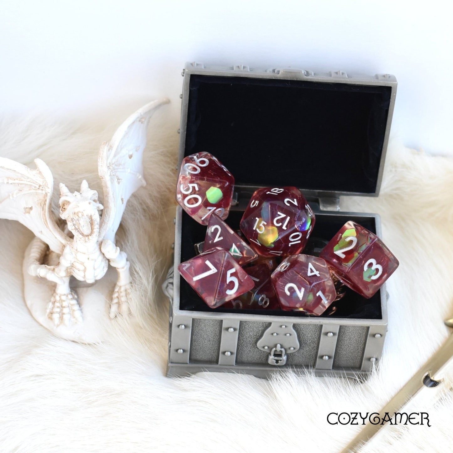Ruby Glint Dice Set – 7 - Piece Clear Resin Red Iridescent Hexagon Glitter DnD - Fennek and Finch