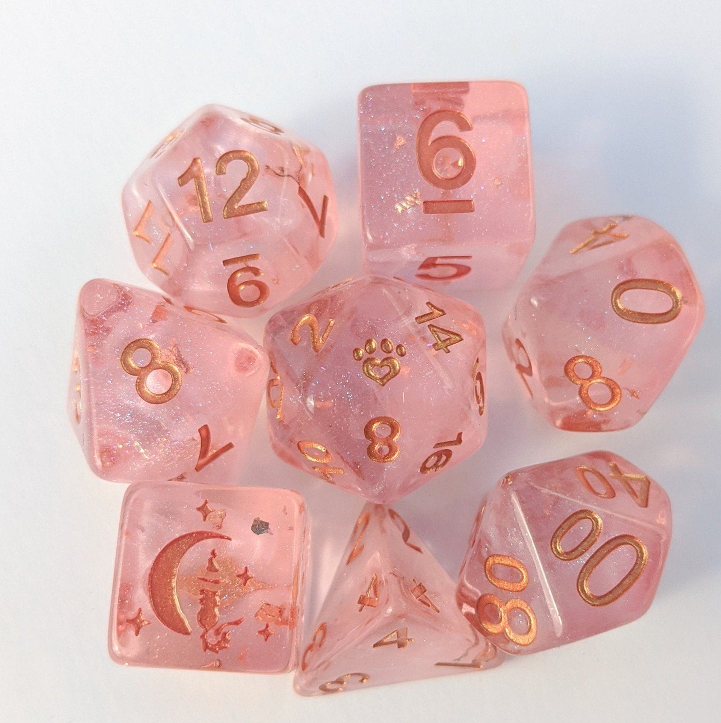 Sakura Cloud 8 Piece Dice Set, light pink resin with pearly clouds, copper foil, featuring cat wizard and paw designs, CozyGamer set.