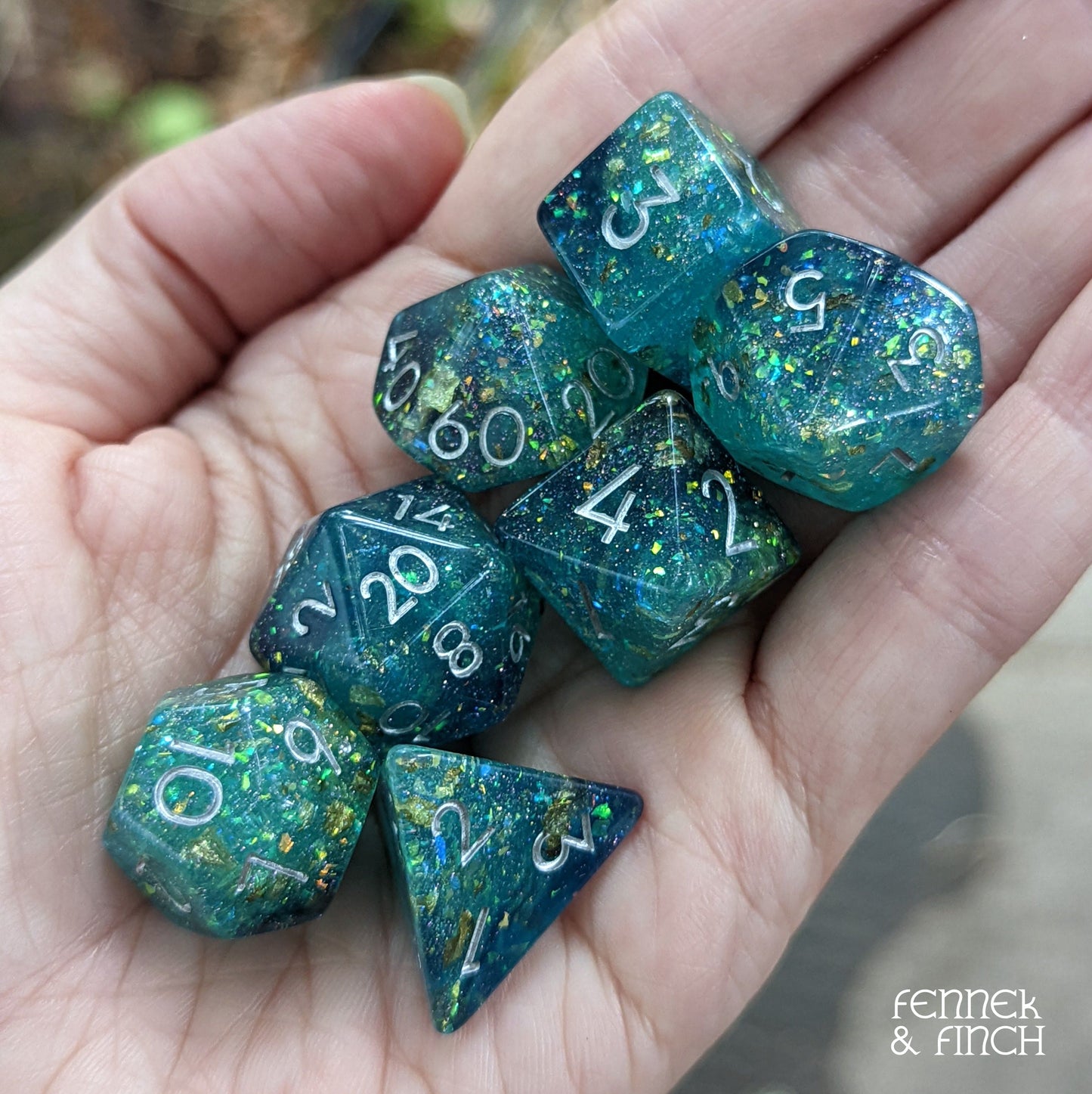 Saltmarsh Dice Set. Blue and Green Opal Flakes and Gold Foil