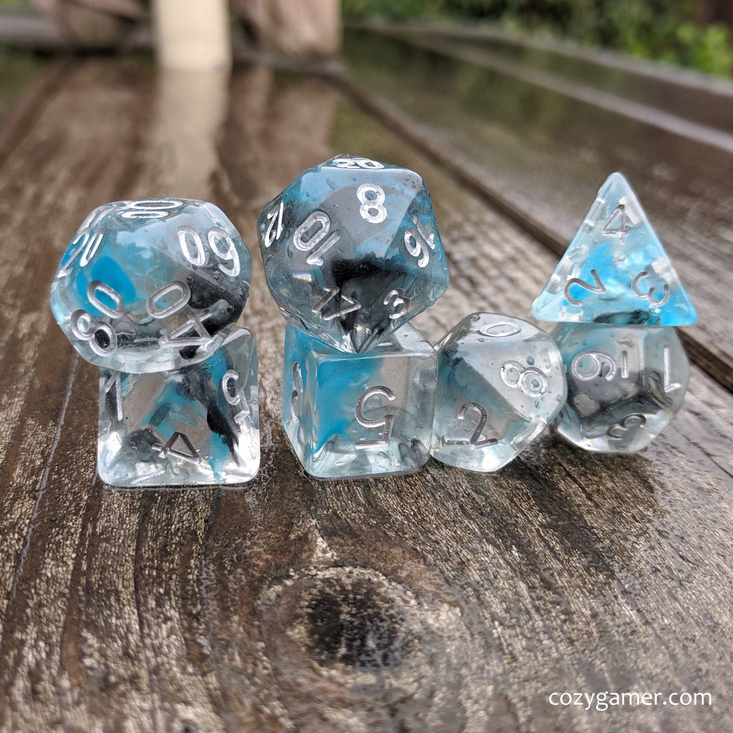 Sea Wraith Dice Set, Transluscent Resin Dice with Black and Teal Ink - CozyGamer