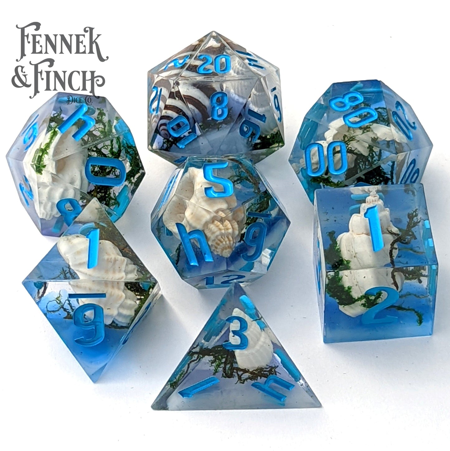 Seabed Sharp Edge Resin Dice Set. 7 Piece DND dice set with Seashells Dice Sets & Games Fennek and Finch