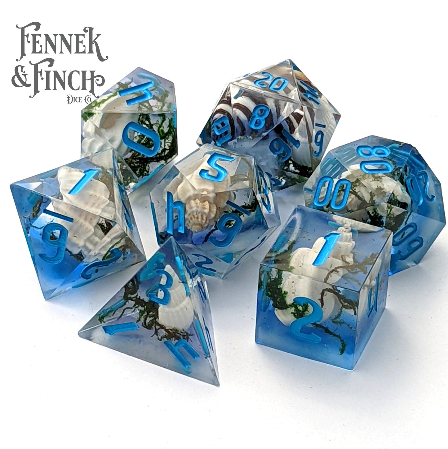 Seabed Sharp Edge Resin Dice Set. 7 Piece DND dice set with Seashells