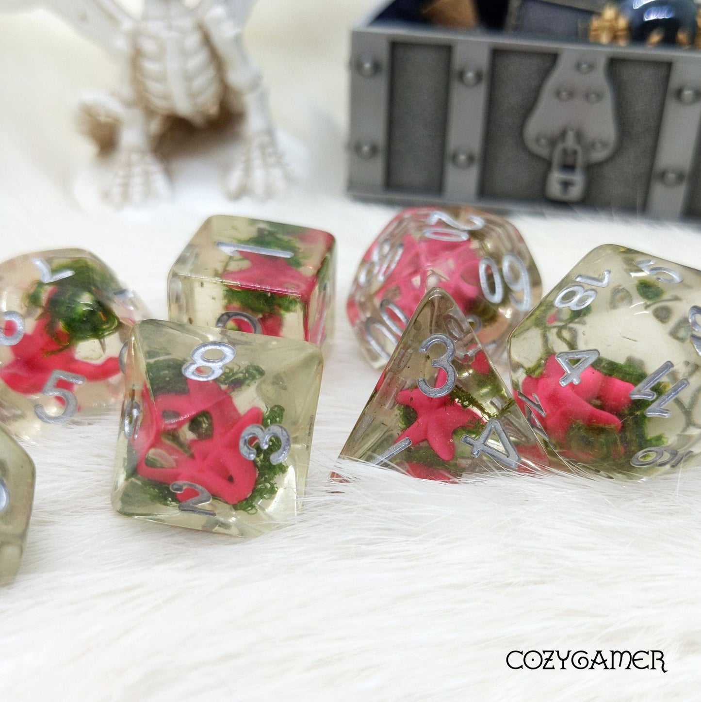 Seaweed Loving Starfish Dice Set. Pink Starfish and Moss 7 piece DnD Dice Set Dice Sets & Games Fennek and Finch