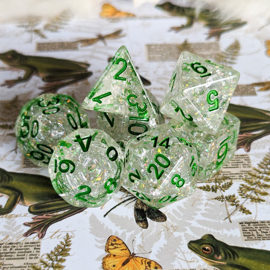Serpent Dice Set, Opal Flake and Silver Foil Dice Set, Designed by Therin Dice sets Fennek and Finch