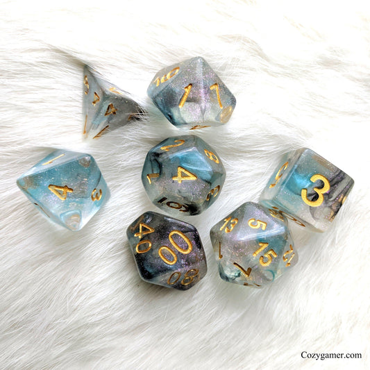 Shade DnD Dice Set, Blue and Black Translucent Glitter Dice Dice sets Fennek and Finch