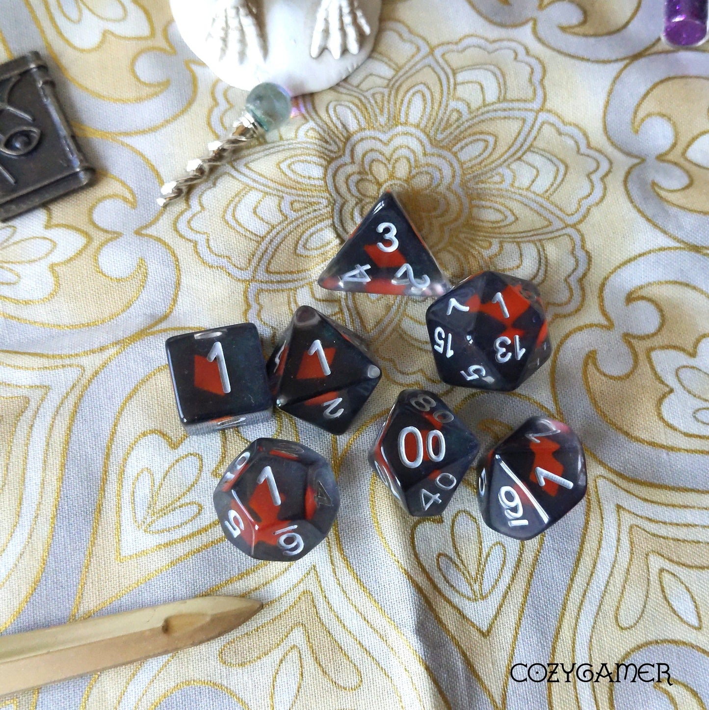 Card suit themed 7-piece polyhedral dice set for tabletop RPGs like Dungeons and Dragons, featuring D20, D12, D10, D%, D8, D6, D4.