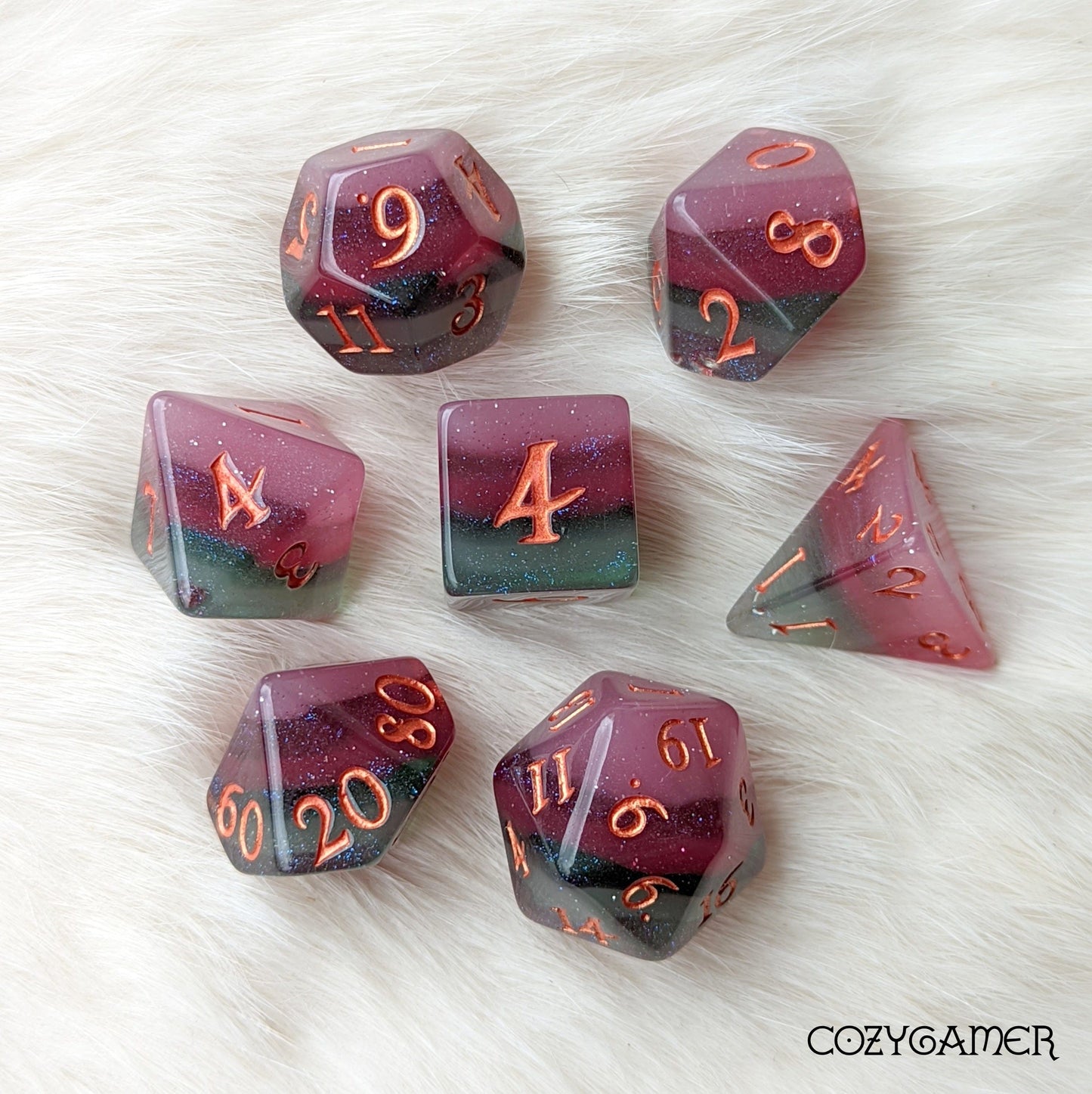 Shimmering Fluorite, a green and purple layered DND dice set Dice sets Fennek and Finch