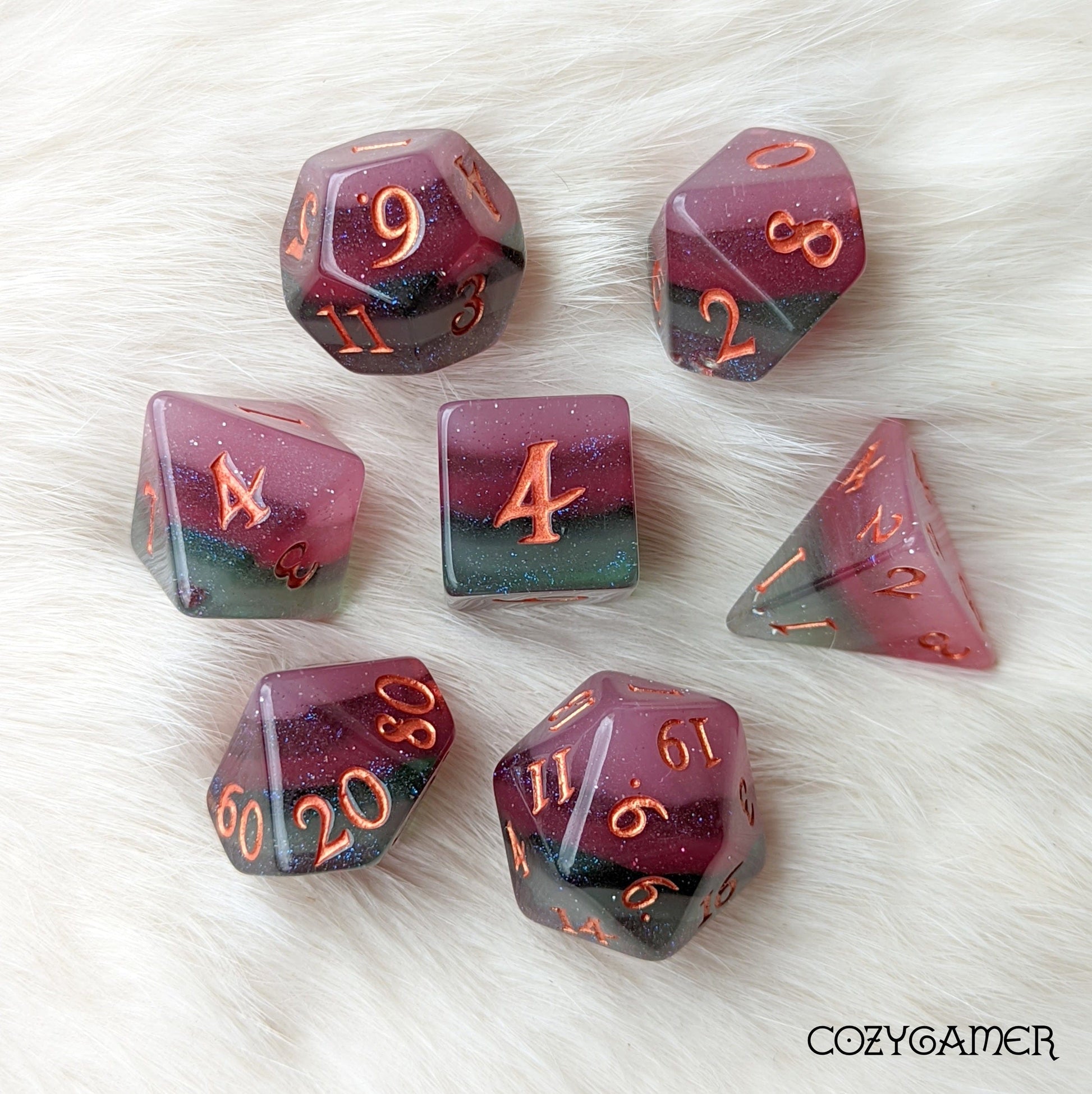 Shimmering Fluorite, a green and purple layered DND dice set Dice sets Fennek and Finch