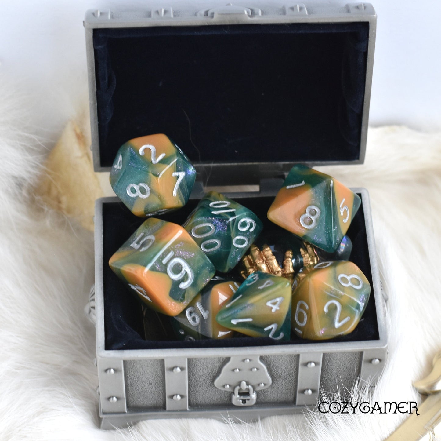 Shimmering Teal and Auburn Marble Dice Set in a Treasure Box for Tabletop RPGs Like Dungeons and Dragons