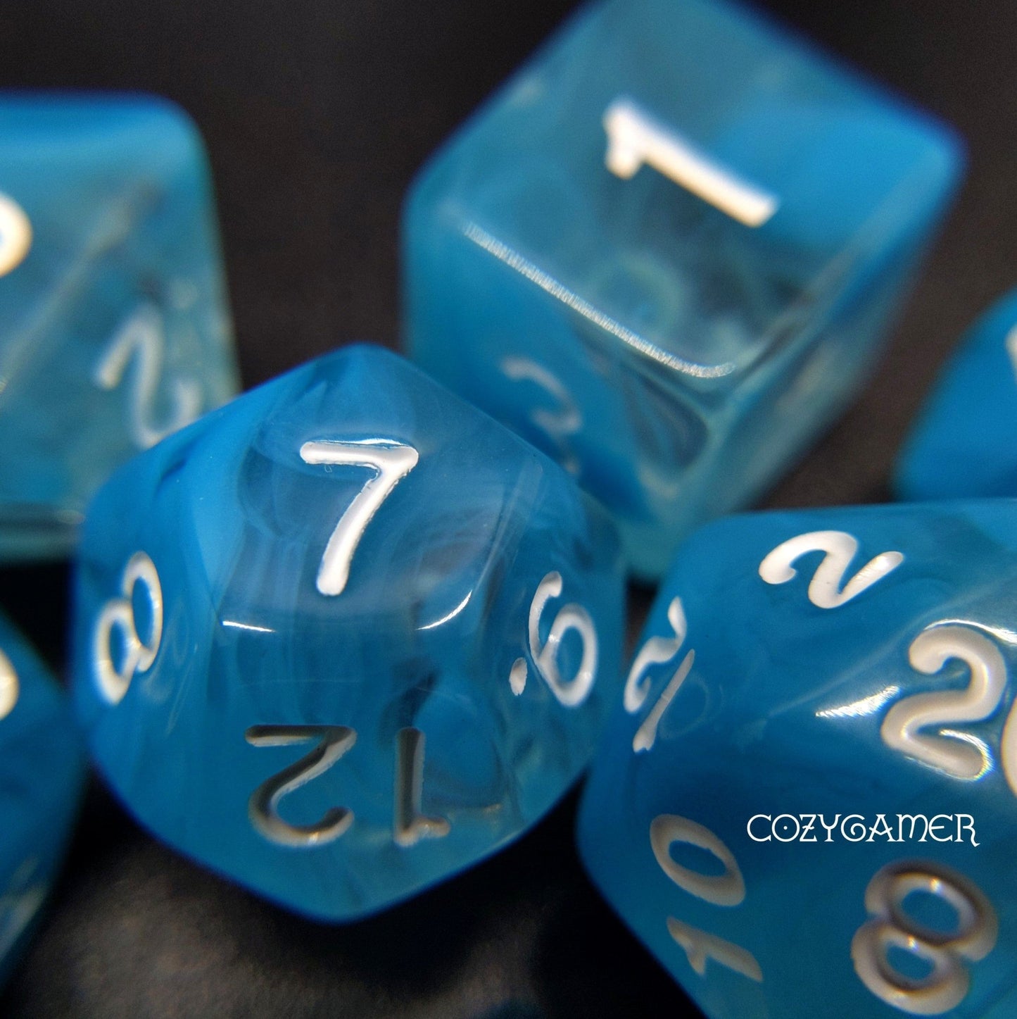 Sky Blue Swirl Dice Set. Glitter TTRPG Dice Dice Sets & Games Fennek and Finch