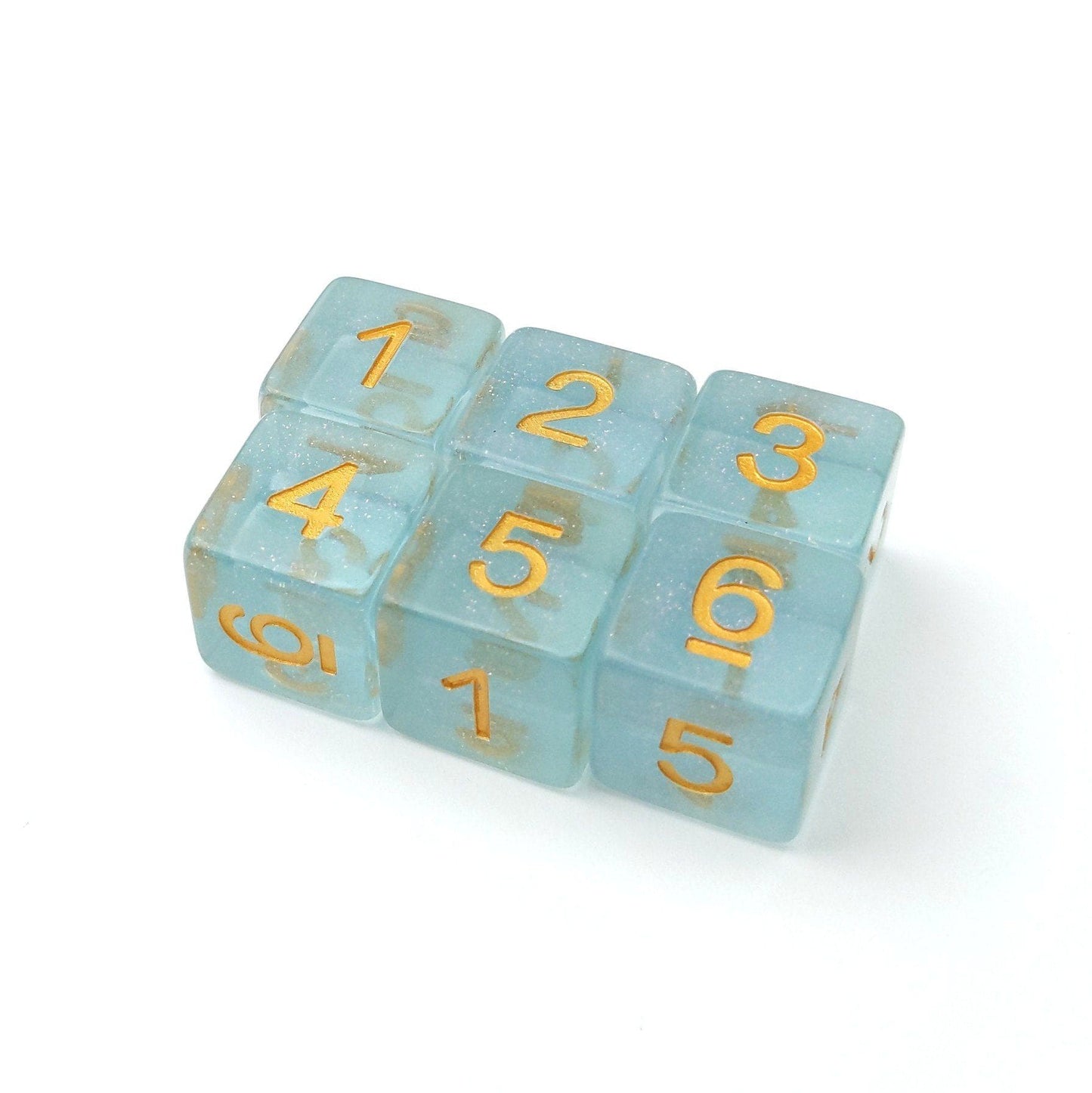 Sleepy Sparkles D6 Set of 6 dice in clear blue resin, gold numbers, micro shimmer, 16mm size for tabletop RPGs.