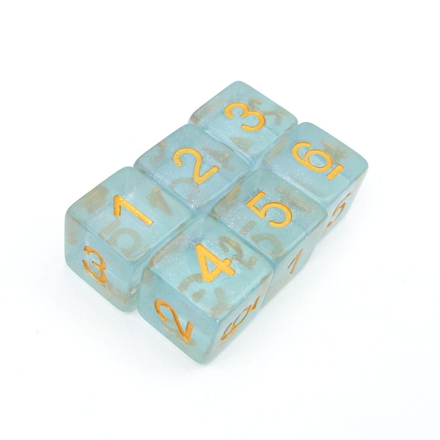 Sleepy Sparkles D6 dice set of 6 in clear blue resin with micro shimmer, ideal for DnD, tabletop games, and Warhammer.