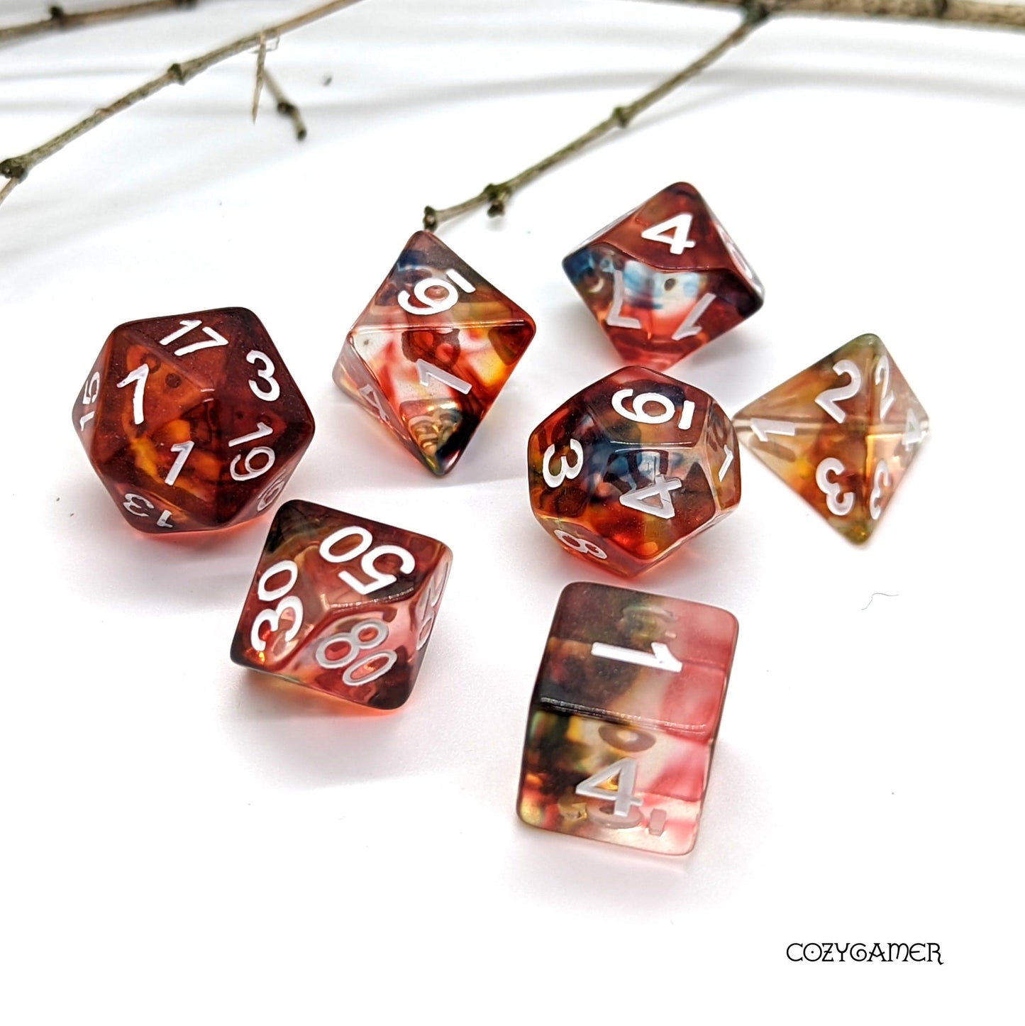 Sorcerer Magic Dice Set. Reds and Blues Swirling Magic