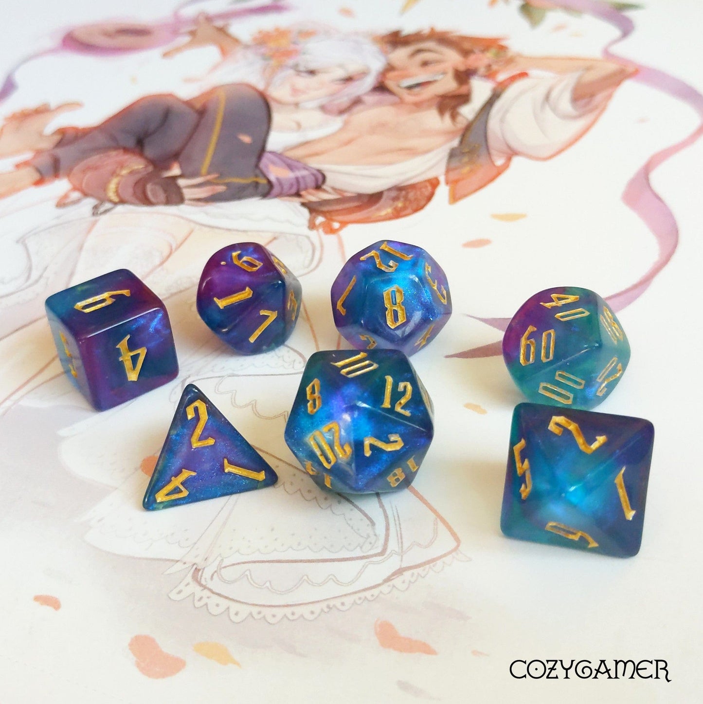 Multicolored shimmering acrylic Spell Components Dice Set with fantasy font for Dungeons and Dragons on illustrated background.
