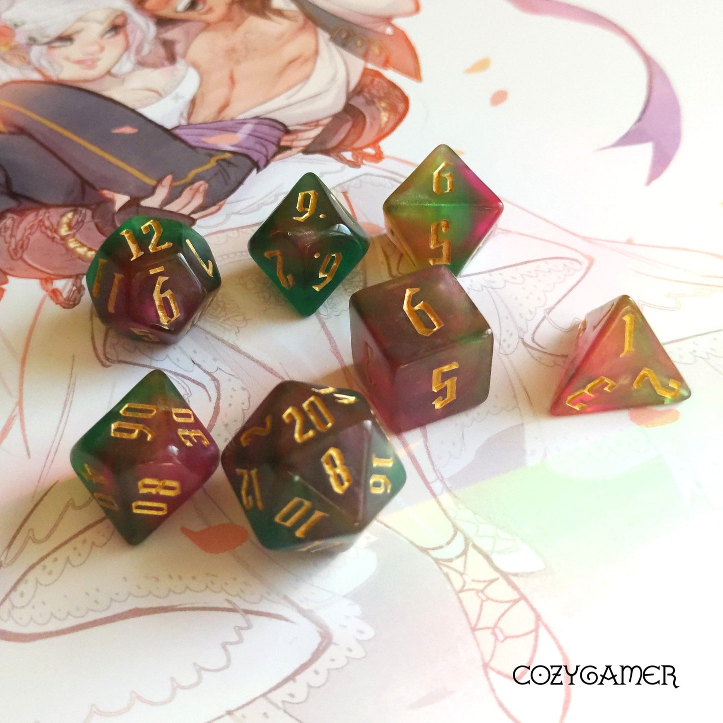 Multicolored shimmering acrylic Dice Set for Dungeons and Dragons with fantasy font on illustrated background.