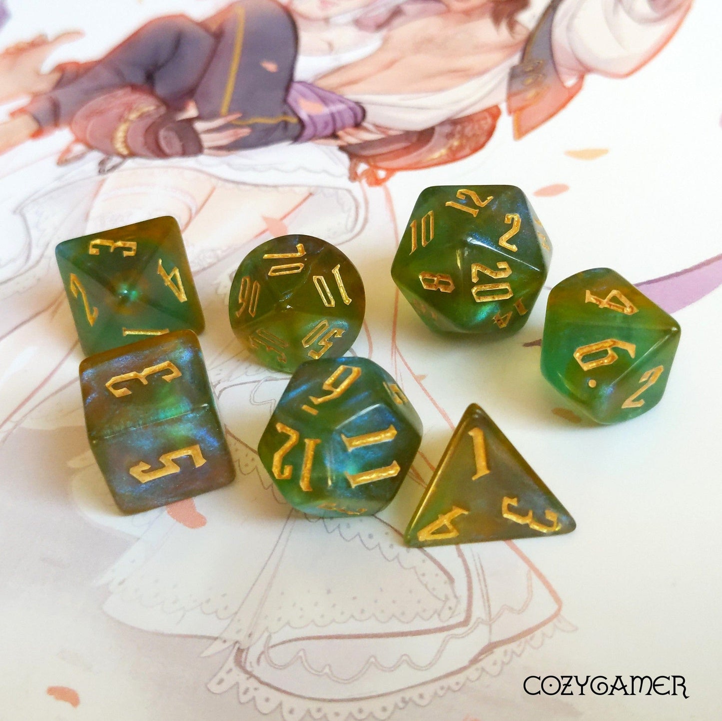 Multicolored shimmering acrylic dice set with gold fantasy font for tabletop RPGs on illustrated background.