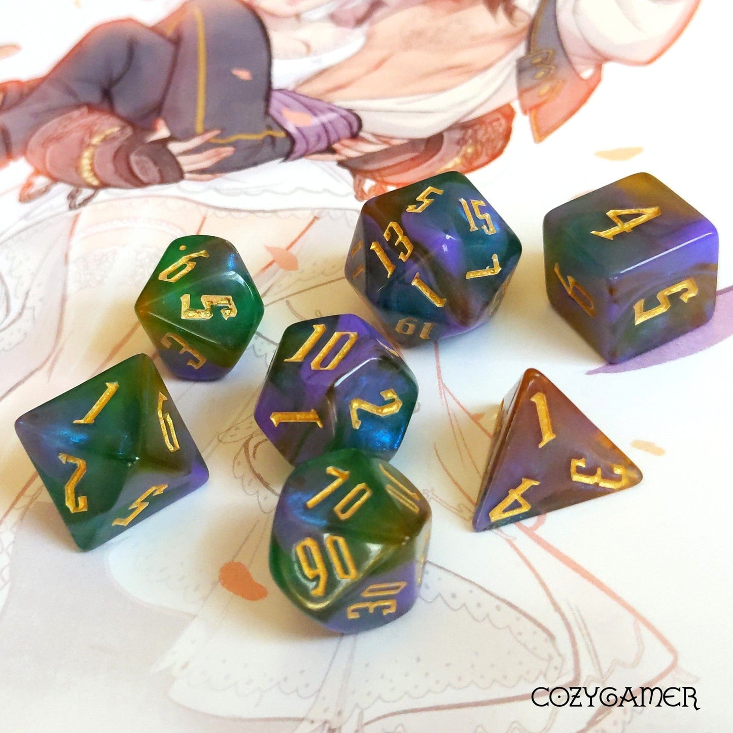 Multicolored shimmering acrylic dice set with fantasy font for Dungeons and Dragons on illustrated background.