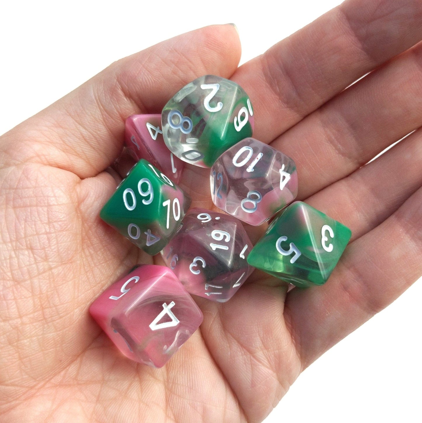 Spring Marble Dice Set – 7 - Piece Acrylic Clear Opaque Pink Green DnD Dice - Fennek and Finch