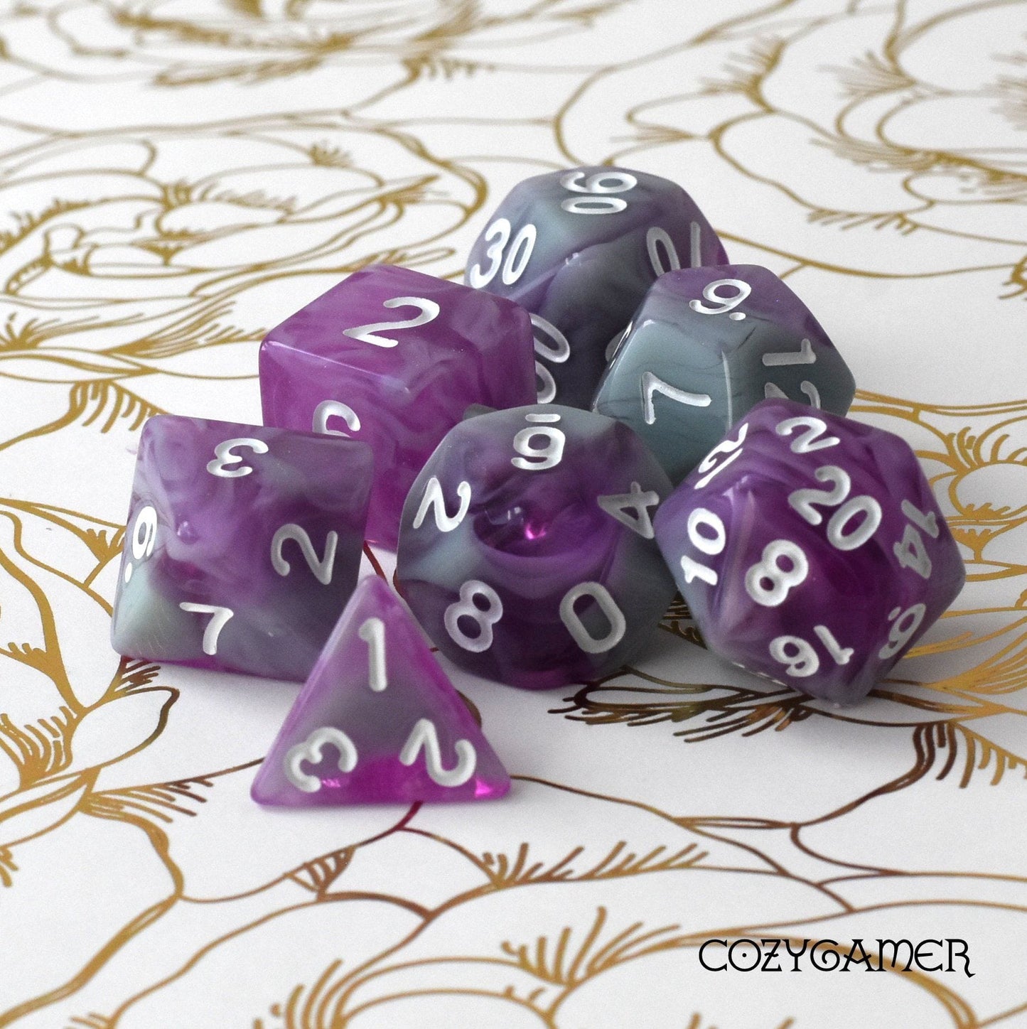 Stars Shine Dice Set. Marbled Opaque Grey Blue and Translucent Shimmering Purple Dice Sets & Games Fennek and Finch
