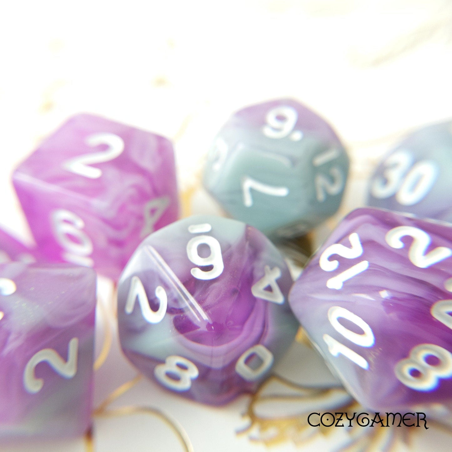 Stars Shine Dice Set. Marbled Opaque Grey Blue and Translucent Shimmering Purple Dice Sets & Games Fennek and Finch