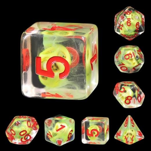 Sulfur Skull Dice Set with neon green skulls, red numbers, and white smoke in clear resin for tabletop RPGs like Dungeons and Dragons.