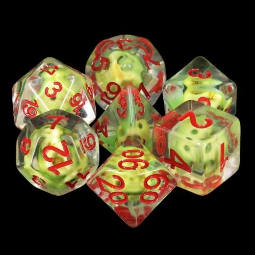 Sulfur Skull Dice Set with neon green skulls in clear resin, featuring red numbers, for tabletop RPGs like Dungeons and Dragons.