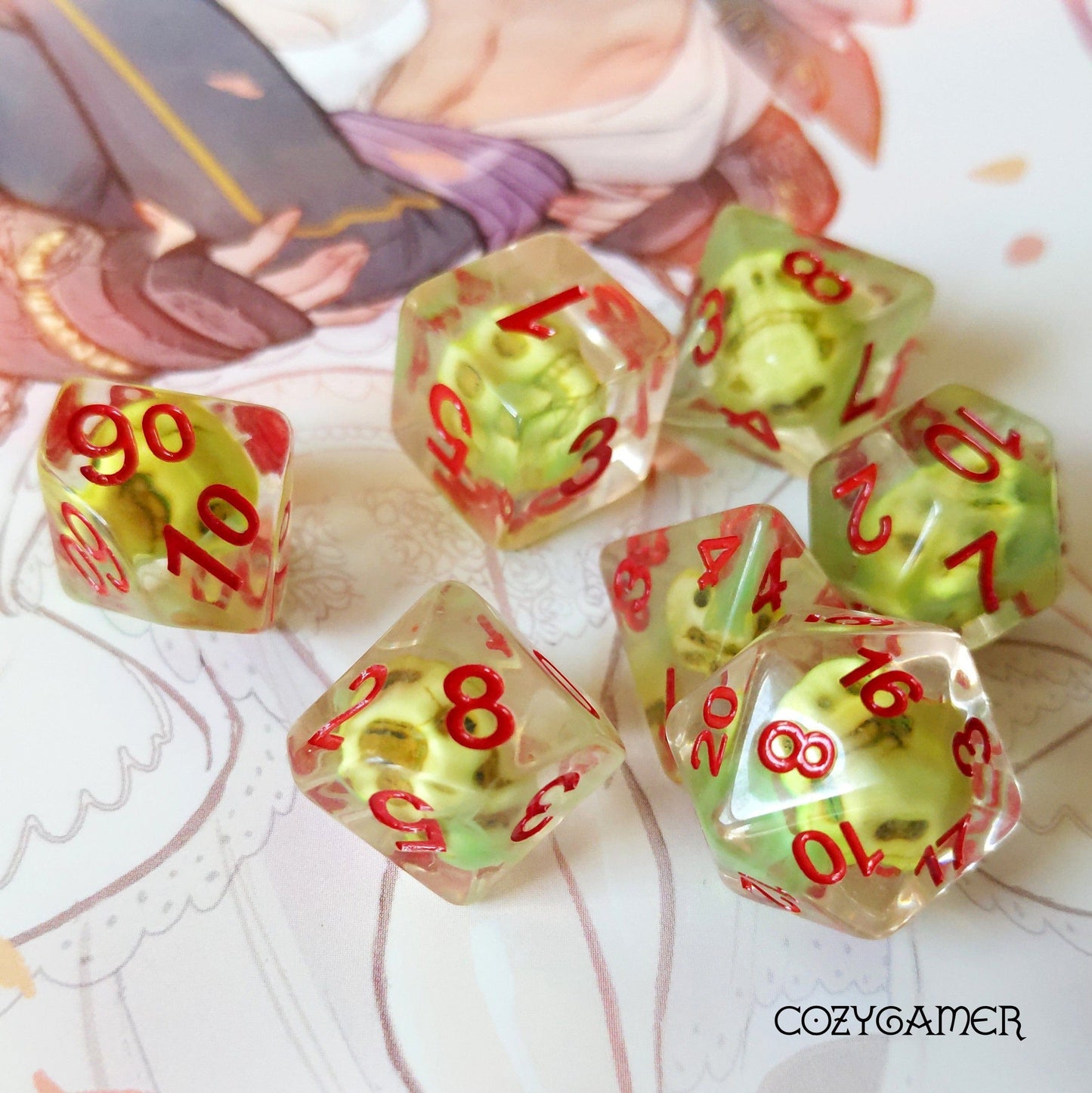 Sulfur Skull Dice Set with neon green skulls in clear resin, red numbers, perfect for Dungeons and Dragons, TTRPG accessories.