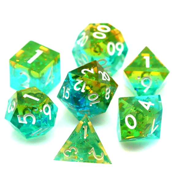 Sunlight Sharp Edge Resin Dice Set, blue and yellow glitter, 7 Piece polyhedral TTRPG dice for DND gaming.
