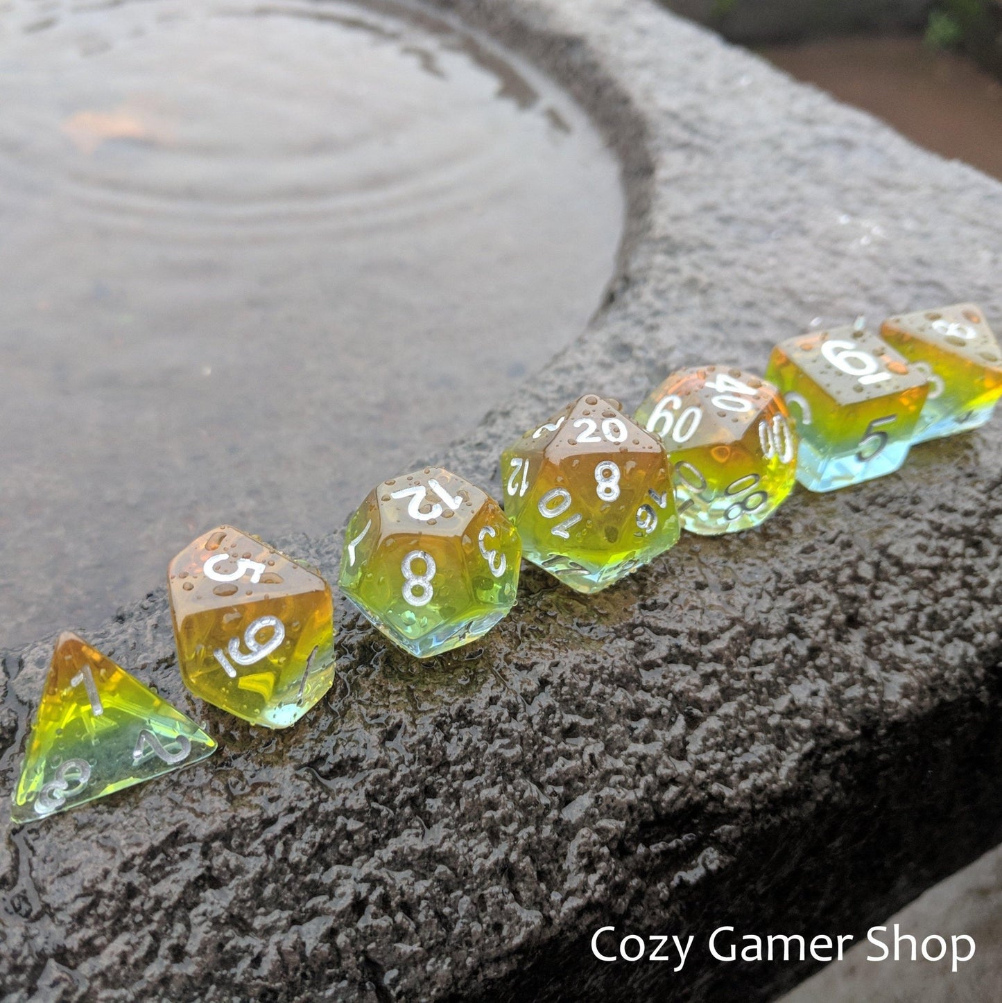 Sunrise Dice Set – Layered Blue, Green, Yellow & Orange with Silver Numbers - Fennek and Finch