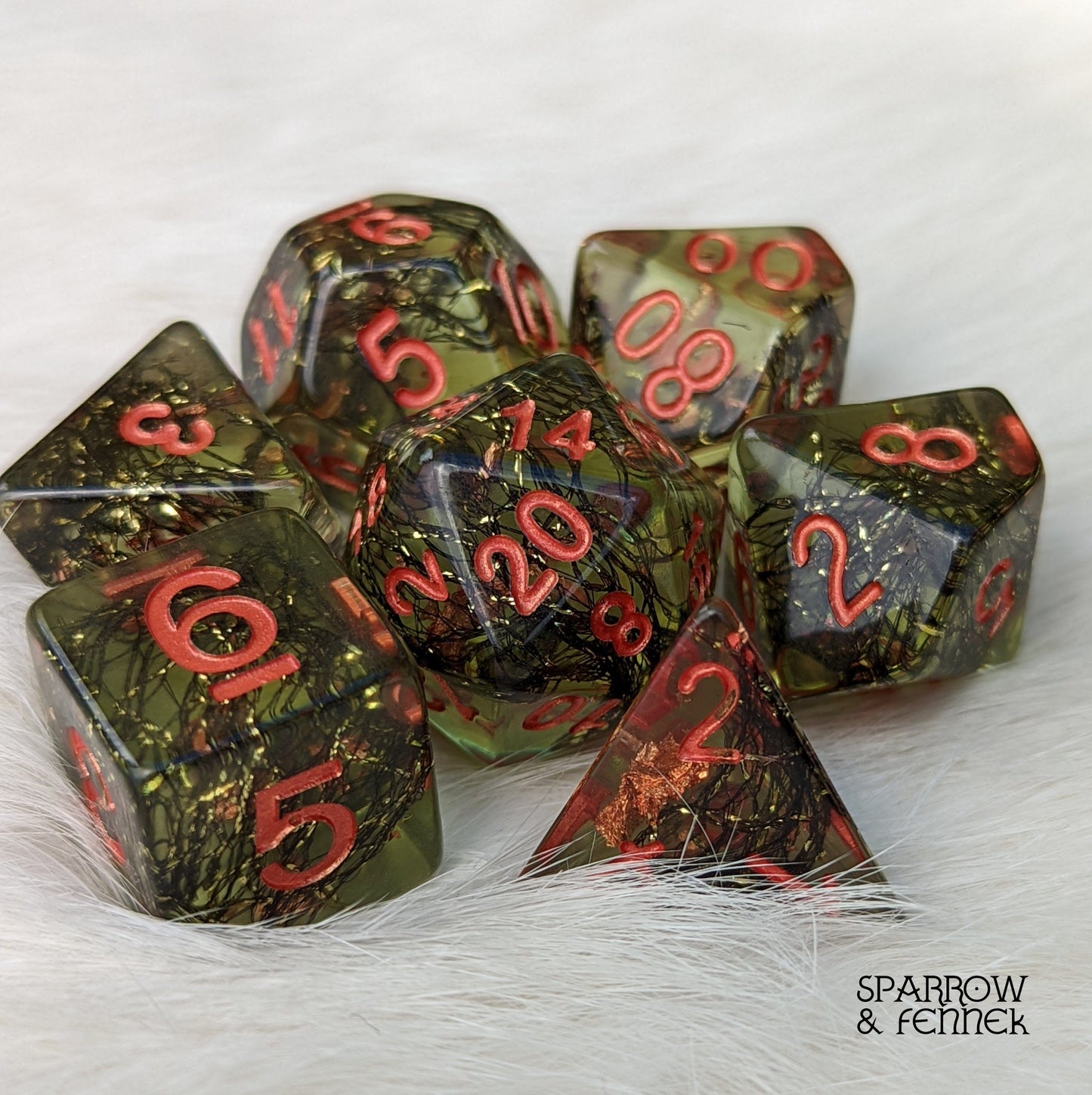 Tangled Wood Dice Set. 7 Piece Green Forest Themed Dice Set with Branches and Copper Foil Dice sets Fennek and Finch