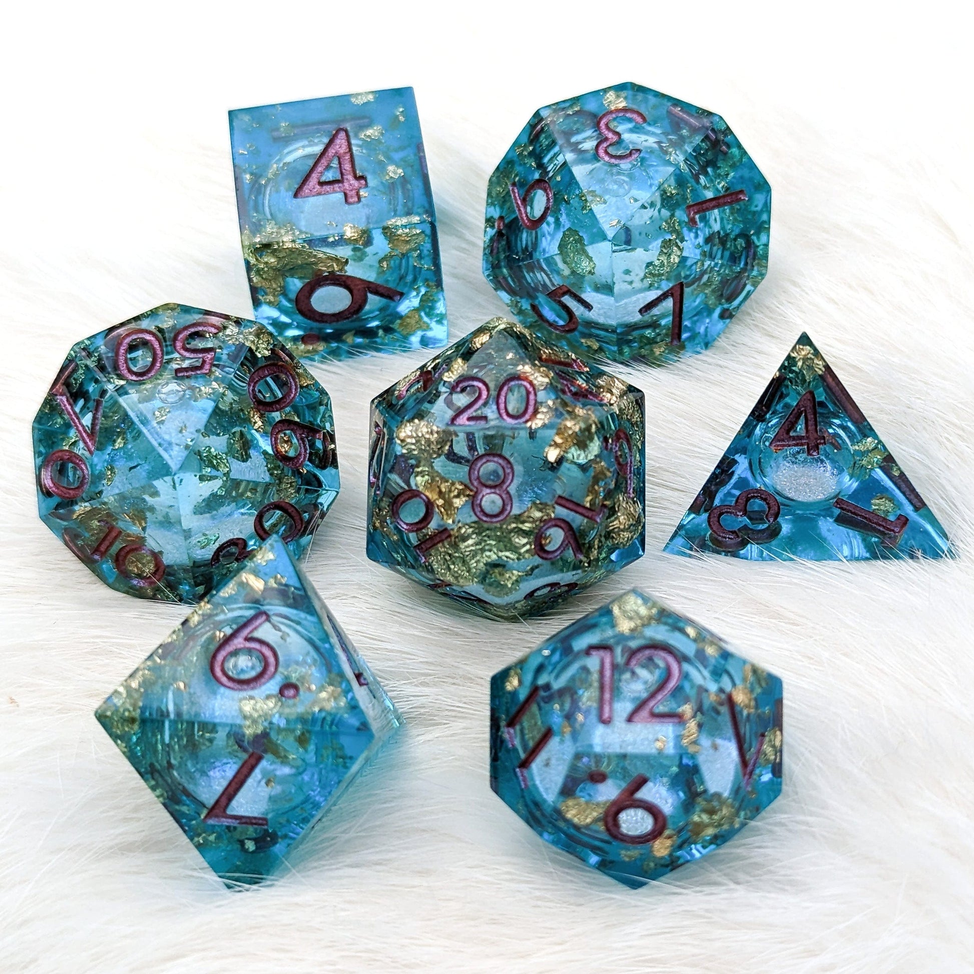Teal and Gold Liquid Core Sharp Edge Resin DnD Dice Set Dice Sets & Games Fennek and Finch