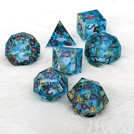Teal and Gold Liquid Core Sharp Edge Resin DnD Dice Set Dice Sets & Games Fennek and Finch