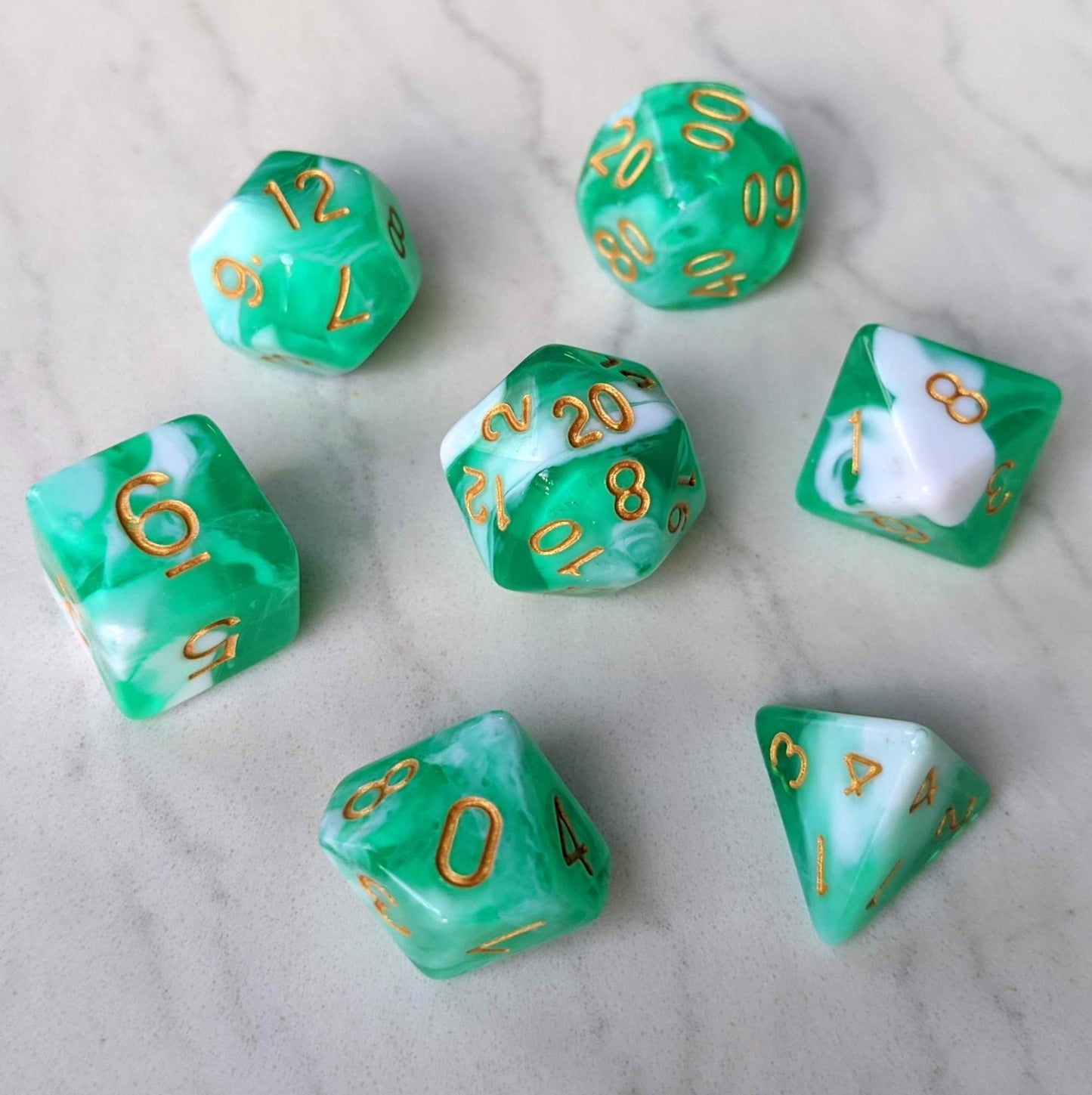 Teal White Dice Set – 7 - Piece Two Tone Marbled Ocean DnD Dice - Fennek and Finch