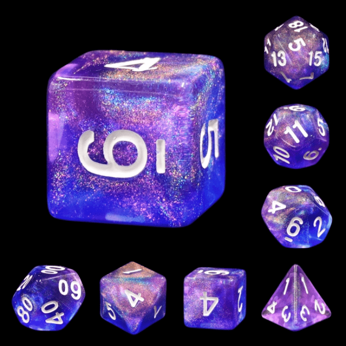 Purple and blue galaxy glitter DND dice set for tabletop RPGs like Dungeons and Dragons. 7 polyhedral dice on black background.