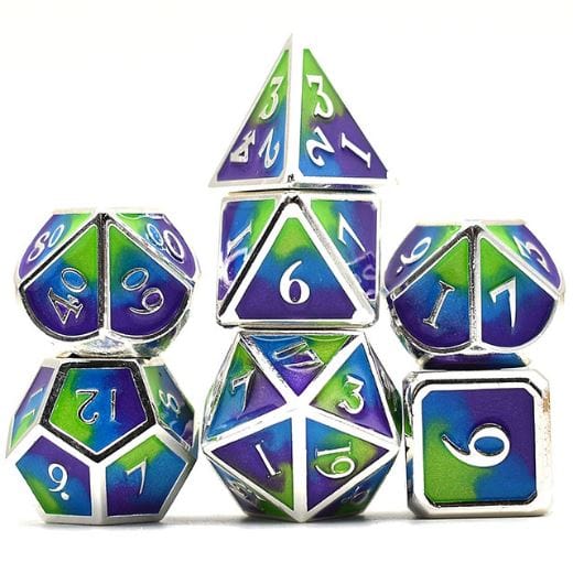 Green, blue, and purple metal dice set with silver trim for tabletop RPGs like Dungeons & Dragons, featuring a seven-piece polyhedral design.