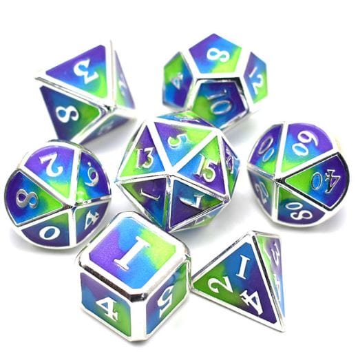 Green, blue, and purple metal dice set with silver trim for tabletop RPGs like Dungeons and Dragons, includes 7 polyhedral dice.