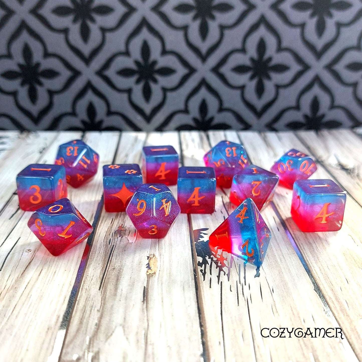 Tiefling Boudoir DND Dice Set. Rainbow layered 12, 8, D10, and D6 Sets Dice sets Fennek and Finch 12 Piece Set