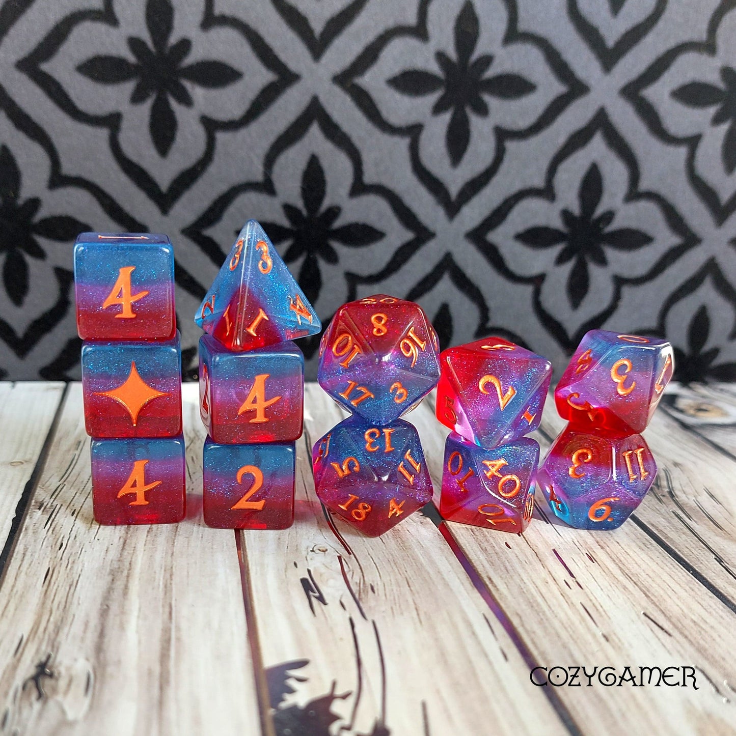 Tiefling Boudoir DND Dice Set. Rainbow layered 12, 8, D10, and D6 Sets Dice sets Fennek and Finch