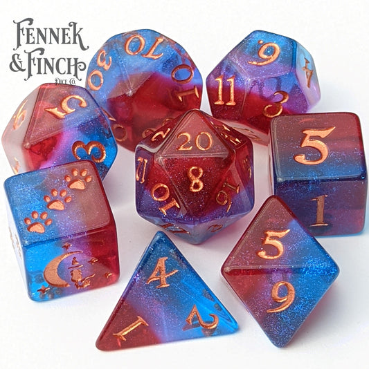 Tiefling Boudoir DND Dice Set. Rainbow layered 12, 8, D10, and D6 Sets