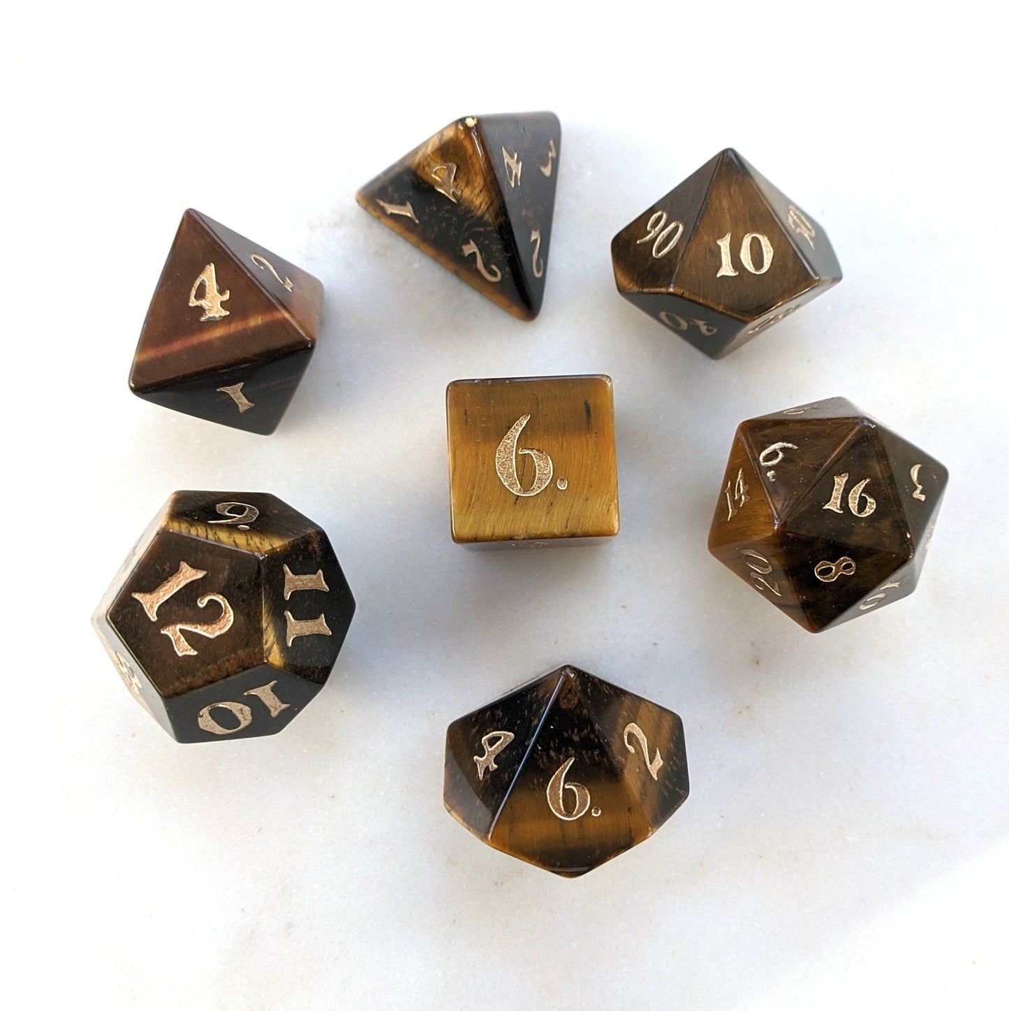Tiger Eye Dice Set. Real Gemstone 7 Piece TTRPG Dice - CozyGamer