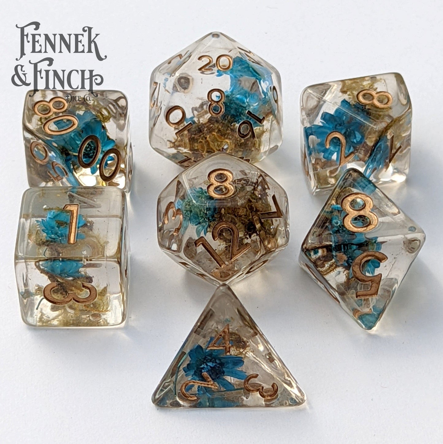 Tiny Blue Flowers and Moss Dice Set. 7 Piece terrarium style DND dice set