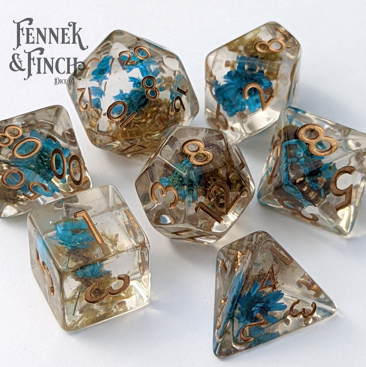 Tiny Blue Flowers and Moss Dice Set. 7 Piece terrarium style DND dice set