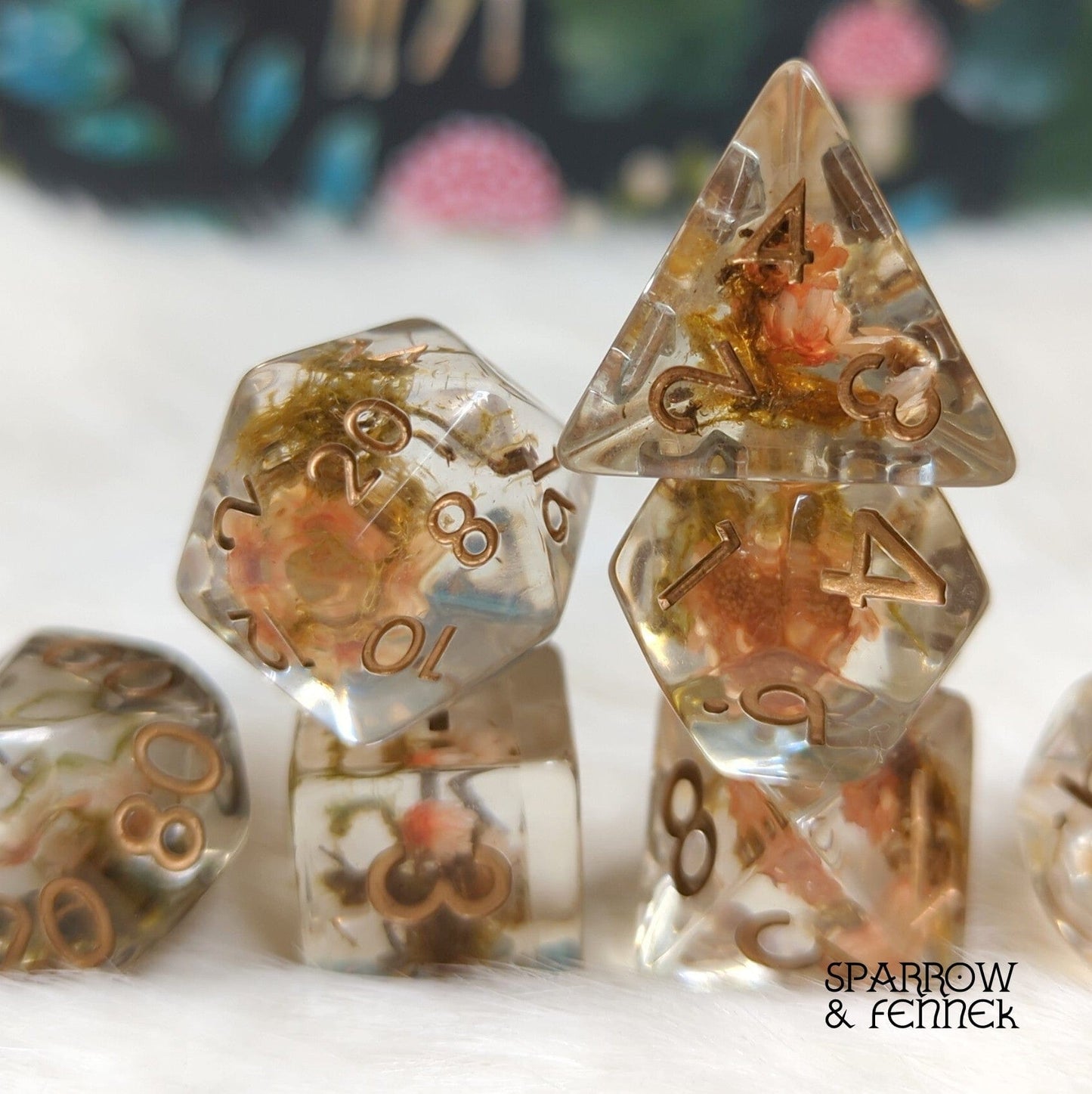 Tiny Orange Flowers and Moss DnD Dice Set - 7 Piece Polyhedral with real dried flowers for tabletop games.