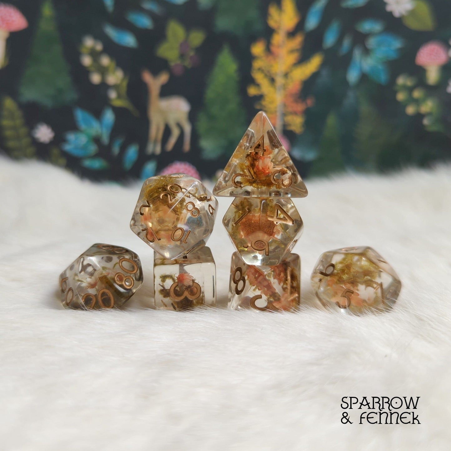 Tiny Orange Flowers and Moss DnD Dice Set - 7 Piece, Resin Polyhedral Dice with Real Dried Moss and Flowers for TTRPGs